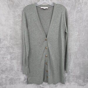 Loft Button Front Cardigan Sweater M Marle Green Brown Lightweight Longline Boho